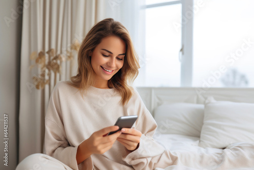Young Woman Relaxing on Bed with Smartphone