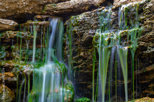 Small waterfall on stones covered with freshwater green algae Enteromorpha sp.