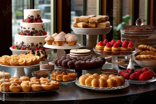 Delectable desserts and sweet. Different kinds of cakes and pastries on table in cafe, closeup