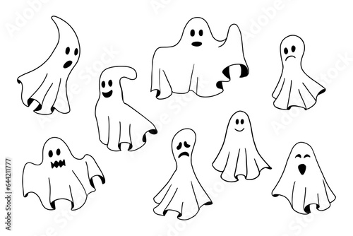 Doodle collection of hand drawn outline ghosts. Sketch design for Halloween. Black sketch cartoon elements on white background. Good for coloring pages, stickers, tatoo.