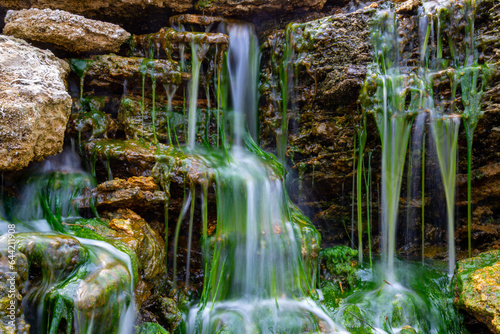 Small waterfall on stones covered with freshwater green algae Enteromorpha sp.