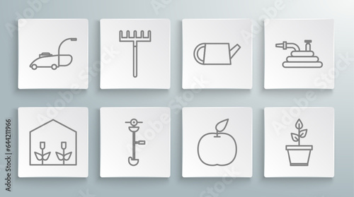 Set line Home greenhouse and plants, Garden rake, Grass weed electric string trimmer, Apple, Plant pot, Watering can, hose or fire hose and Lawn mower icon. Vector