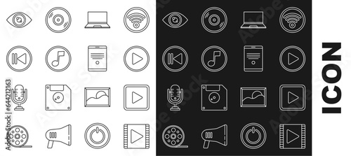 Set line Play Video, in square, circle, Laptop, Music note, tone, Rewind, Eye and Tablet icon. Vector