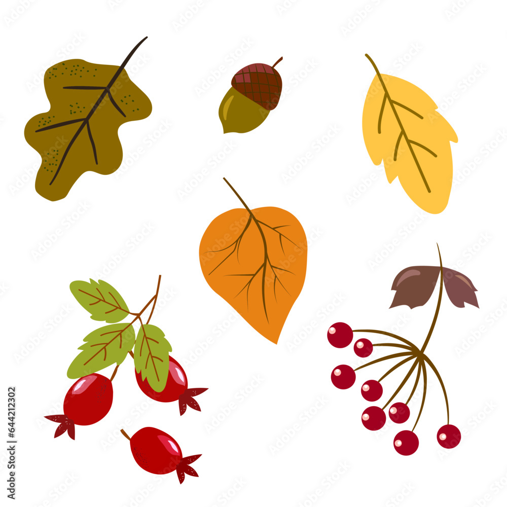 Autumn set oak leaf acorn roseberry viburnum red berries and leaves on a twig. illustration in flat simple style. vector element for design isolated on white background
