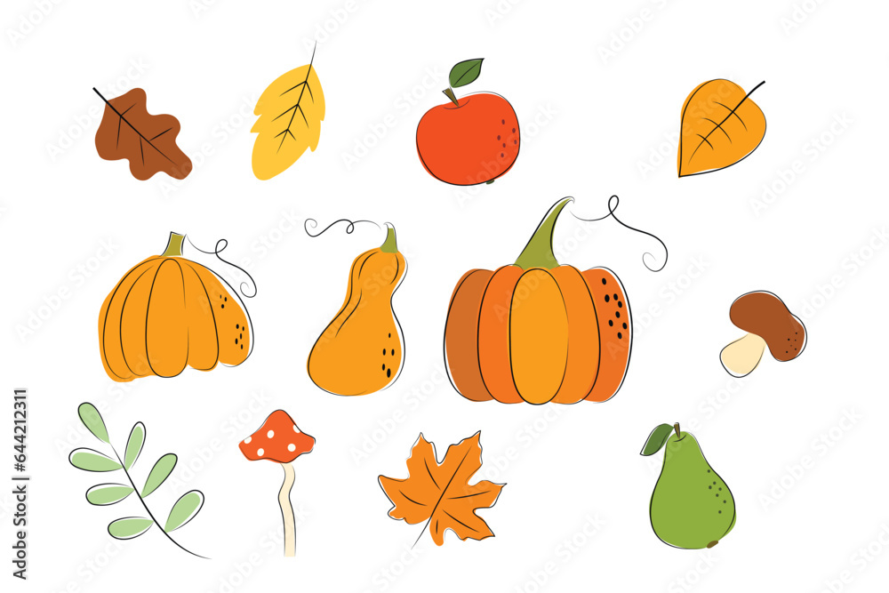 Autumn set - orange pumpkins, autumn leaves, mushrooms, apple, pear. illustration in flat simple style with black stroke. vector design element isolated on white background Autumn set - orange pumpkins, autumn leaves, mushrooms, apple, pear. illustration in flat simple style with black stroke. vector design element isolated on white background
