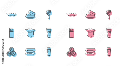 Set line Towel rolls, Mustache, Electrical hair clipper or shaver, and beard, Cream lotion cosmetic tube, Shaving gel foam and icon. Vector