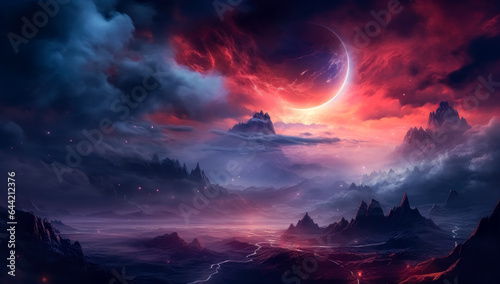 Abstract scene of clouds with some color, detailed fantasy art, dark orange and violet, surreal landscapes, clouds with some stars on them, in the style of surrealistic fantasy landscapes.