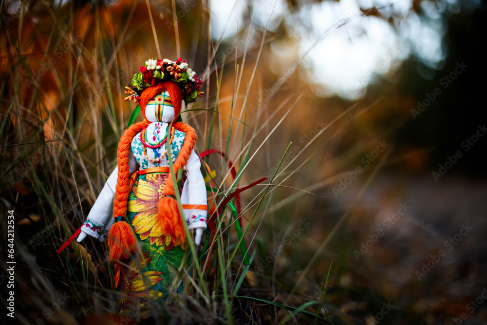Beautiful traditional rag doll in an embroidered shirt against the background of an autumn landscape in Ukraine Beautiful traditional rag doll in an embroidered shirt against the background of an autumn landscape in Ukraine