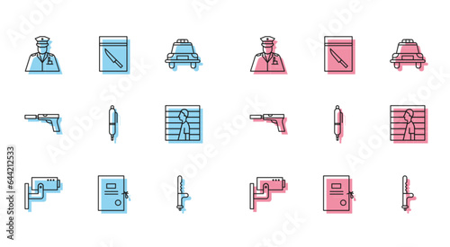 Set line Security camera, Lawsuit paper, Police officer, rubber baton, Pen, Suspect criminal, Pistol or gun with silencer and Evidence bag and knife icon. Vector