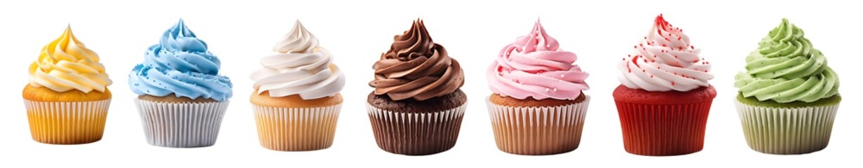 Cupcake muffin with icing frosting on transparent background cutout. PNG file. Many assorted different flavour. Mockup template for artwork design