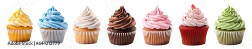 Cupcake muffin with icing frosting on transparent background cutout. PNG file. Many assorted different flavour. Mockup template for artwork design