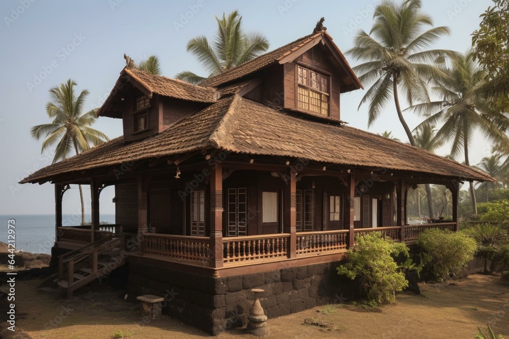 Traditional coastal home in Maharashtra with a characteristic roof. Generative AI