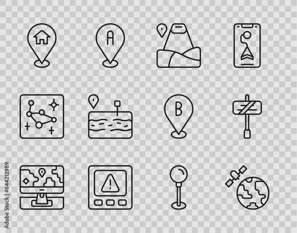 Set line Monitor with location marker, Satellites orbiting the planet, Location mountain, Gps device error, house, Broken road, Push pin and Road traffic sign icon. Vector