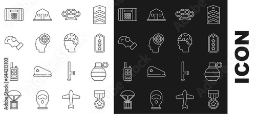 Set line Military reward medal, Hand grenade, rank, Brass knuckles, Target sport, Gas mask, Dynamite bomb and Army soldier icon. Vector