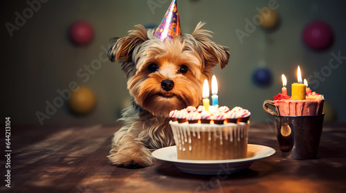Happy Birthday Dog With Baloons And Cake