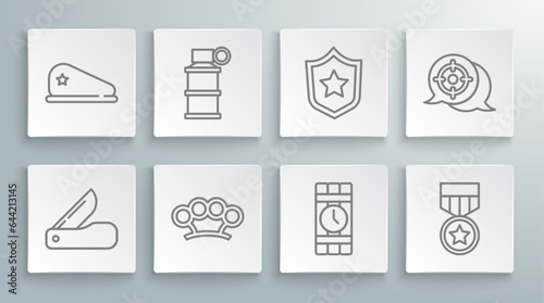 Set line Swiss army knife, Hand smoke grenade, Brass knuckles, Dynamite timer clock, Military reward medal, Target sport and beret icon. Vector