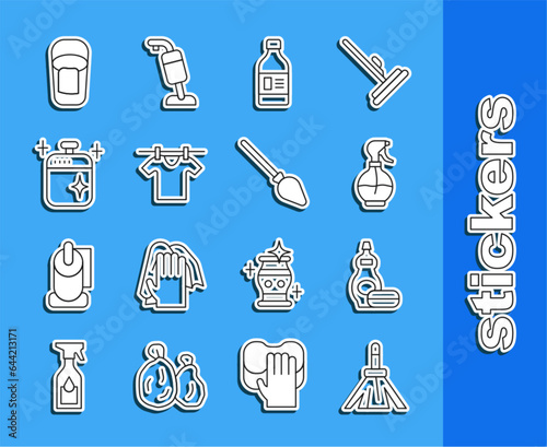 Set line Handle broom, Dishwashing liquid bottle, Water spray, Bottle for cleaning agent, Drying clothes, Clean cooking pot, Bucket with rag and icon. Vector