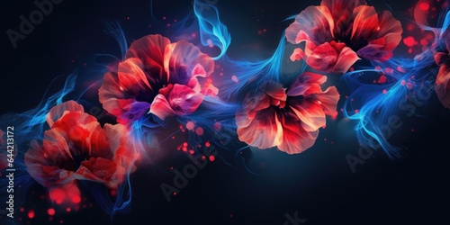 Beautiful abstract red and blue night photo floral design background banner. beautiful Generative AI AIG32