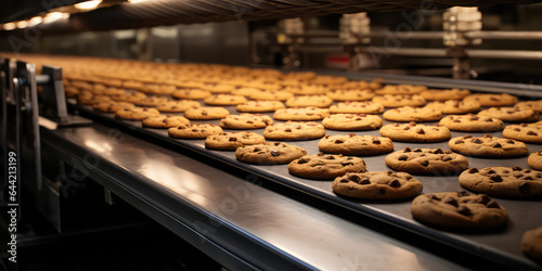 Chocolate chip cookies in production line on a conveyor. Production of classic chocolate chip cookies. 