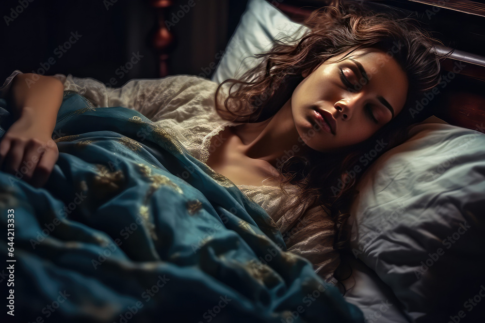 Desperate girl suffering from insomnia trying to sleep. Female portrait sleeping with closed eyes. Sleep problems, treatment of insomnia. Desperate girl suffering from insomnia trying to sleep. Female portrait sleeping with closed eyes. Sleep problems, treatment of insomnia.