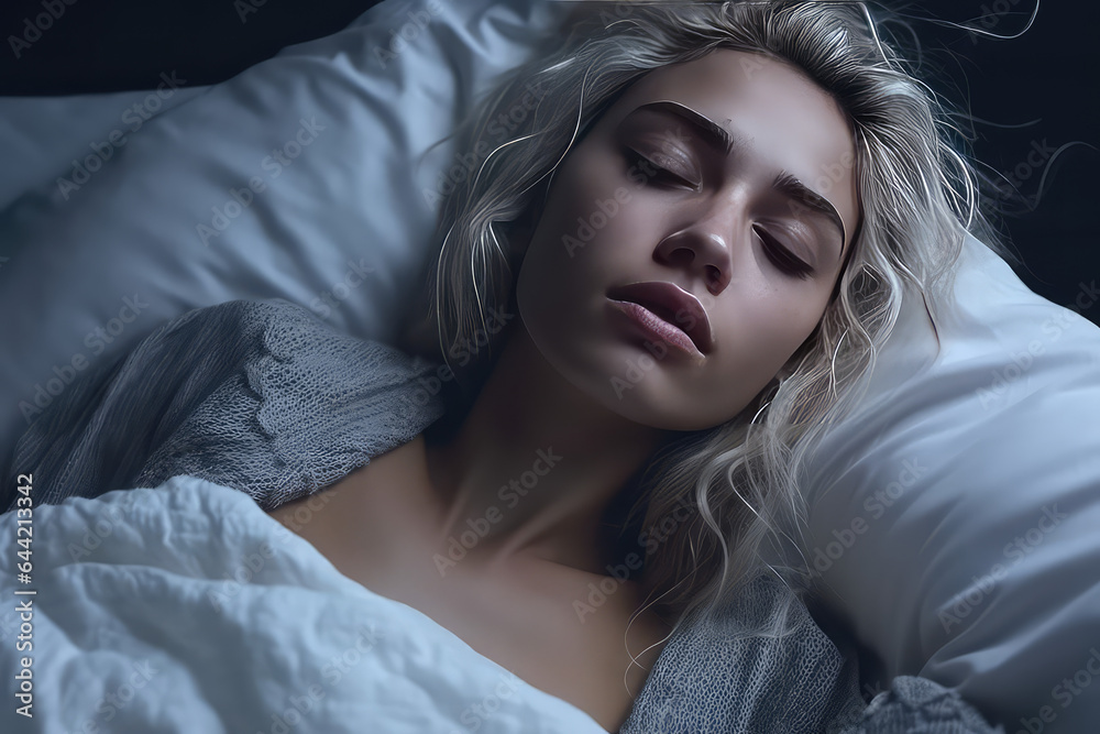 Desperate girl suffering from insomnia trying to sleep. Female portrait sleeping with closed eyes. Sleep problems, treatment of insomnia. Desperate girl suffering from insomnia trying to sleep. Female portrait sleeping with closed eyes. Sleep problems, treatment of insomnia.