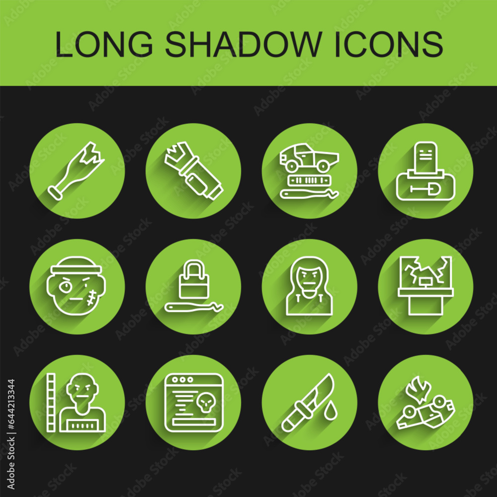 Set line Suspect criminal, System bug, Broken bottle as weapon, Bloody knife, Burning car, Lock picks for lock picking, window and Thief mask icon. Vector Set line Suspect criminal, System bug, Broken bottle as weapon, Bloody knife, Burning car, Lock picks for lock picking, window and Thief mask icon. Vector