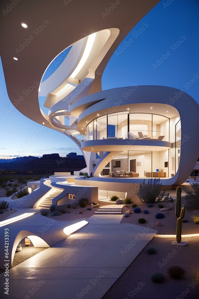 Fototapeta premium Futuristic modern looking home in the desert southwest with sleek design in the evening with lights on