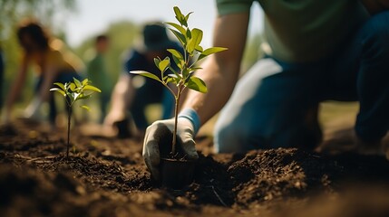 men are planting trees and watering them to help increase oxygen in the air and reduce global warming, Save world save life and Plant a tree