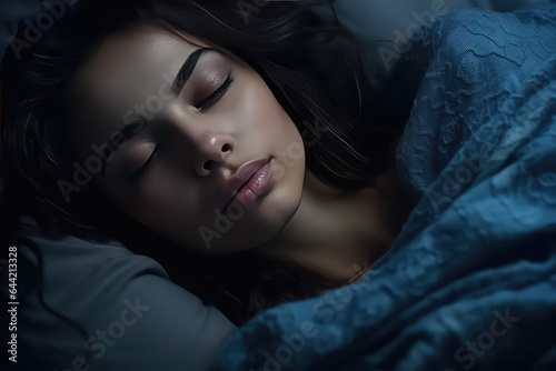 Desperate girl suffering from insomnia trying to sleep. Female portrait sleeping with closed eyes. Sleep problems, treatment of insomnia.