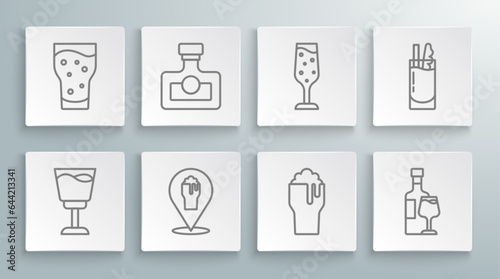 Set line Wine glass  Alcohol drink Rum  or beer bar location  Glass of  bottle with  champagne  Cocktail Bloody Mary and icon. Vector