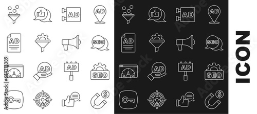Set line Magnet with money, SEO optimization, Advertising, Sales funnel gear, Lead management and Megaphone icon. Vector