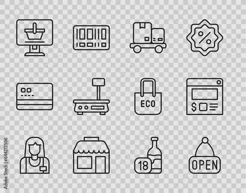 Set line Seller, Hanging sign with Open, Hand truck and boxes, Market store, Shopping cart on computer, Electronic scales, Wine bottle and Online ordering delivery icon. Vector