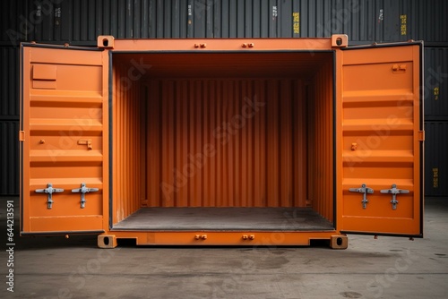 Scratched orange container for storage and transportation. Doors open and close. Generative AI