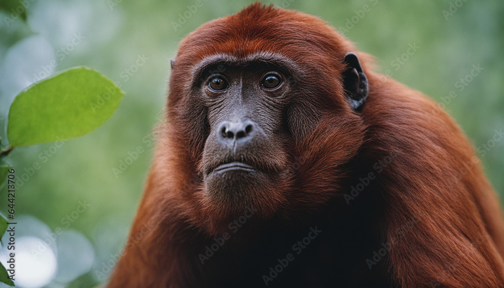 closeup of Red Howler Monkey looking curiously at viewer on green blury background, generative AI