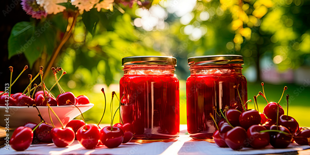 Close-up of cherry jam and fresh cherries in jars on the table against the backdrop of a natural bright garden
Close-up of cherry jam and fresh cherries in jars on the table against the backdrop of a natural bright garden