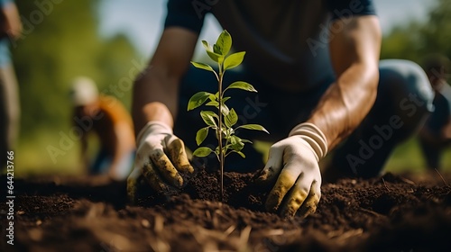 men are planting trees and watering them to help increase oxygen in the air and reduce global warming, Save world save life and Plant a tree