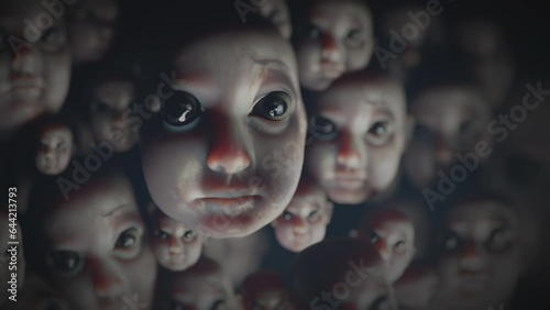 Creepy doll heads with big eyes. Surreal fantasy scene. Abortion concept. Sci-fi, science-fiction video. Dream nightmare. Ghosts of children. Sadness, abandonment. Cinematic scary movie horror scene. photo