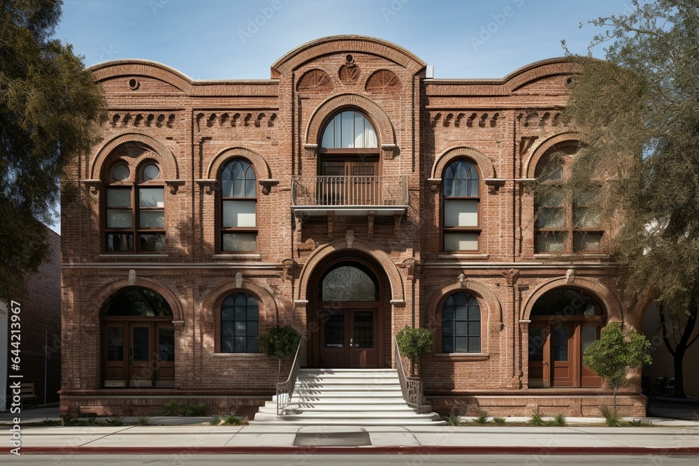 A double-story brick building featuring arched windows and a stair entrance. Generative AI