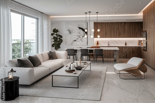 Stylish Miami condo featuring white and wood elements  brought to life with high-quality 3D visuals. Generative AI