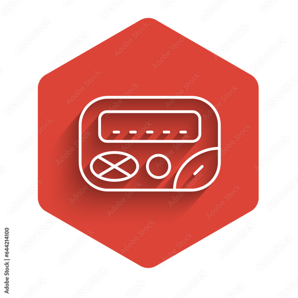 White line Pager icon isolated with long shadow. Vintage 1990s electronics messenger. Red hexagon button. Vector White line Pager icon isolated with long shadow. Vintage 1990s electronics messenger. Red hexagon button. Vector