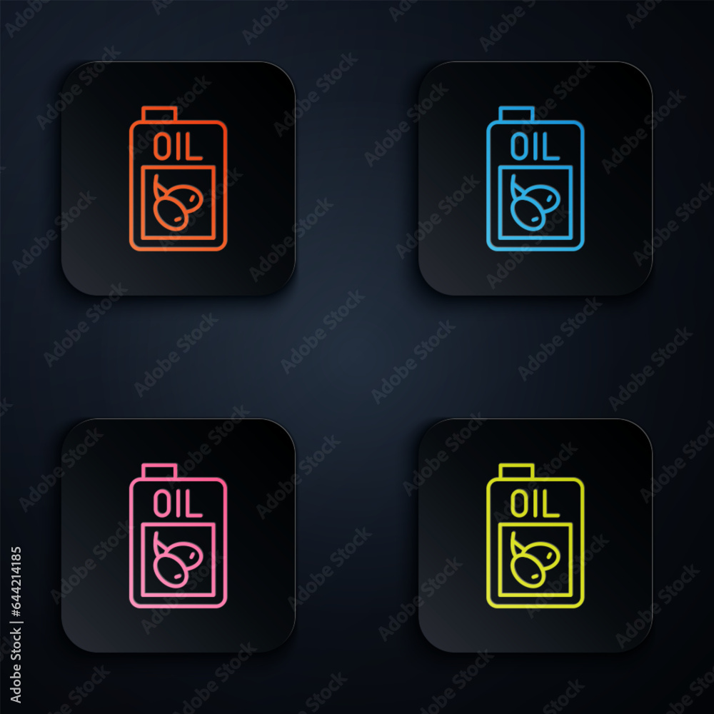 Color neon line Bottle of olive oil icon isolated on black background. Jug with olive oil icon. Set icons in square buttons. Vector Color neon line Bottle of olive oil icon isolated on black background. Jug with olive oil icon. Set icons in square buttons. Vector