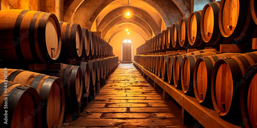 Vintage wine cellar with old oak barrels, production of fortified dry or sweet tasty marsala wine
