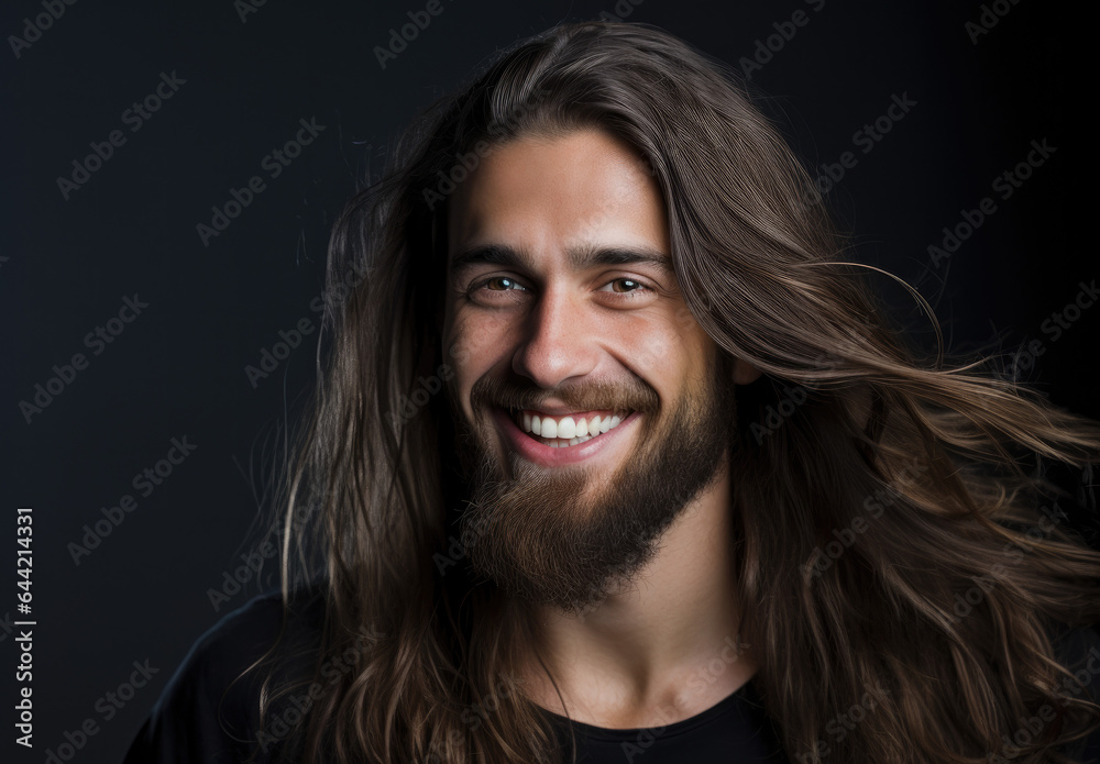 Man smiling with long brown hair standing in front of a black backdrop Man smiling with long brown hair standing in front of a black backdrop