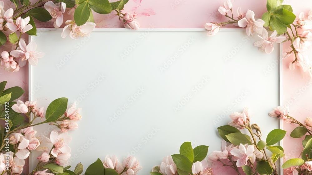 a banner framed by delicate pink flowers and lush green leaves against a soft light background. The composition exudes the freshness and vibrancy of the season, leaving ample space for copyspace.