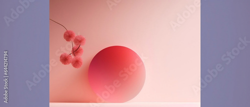 Różowe tło z różą - pastelowe kolory. Kula i okrąg z kwiatem 3d. Szablon na baner