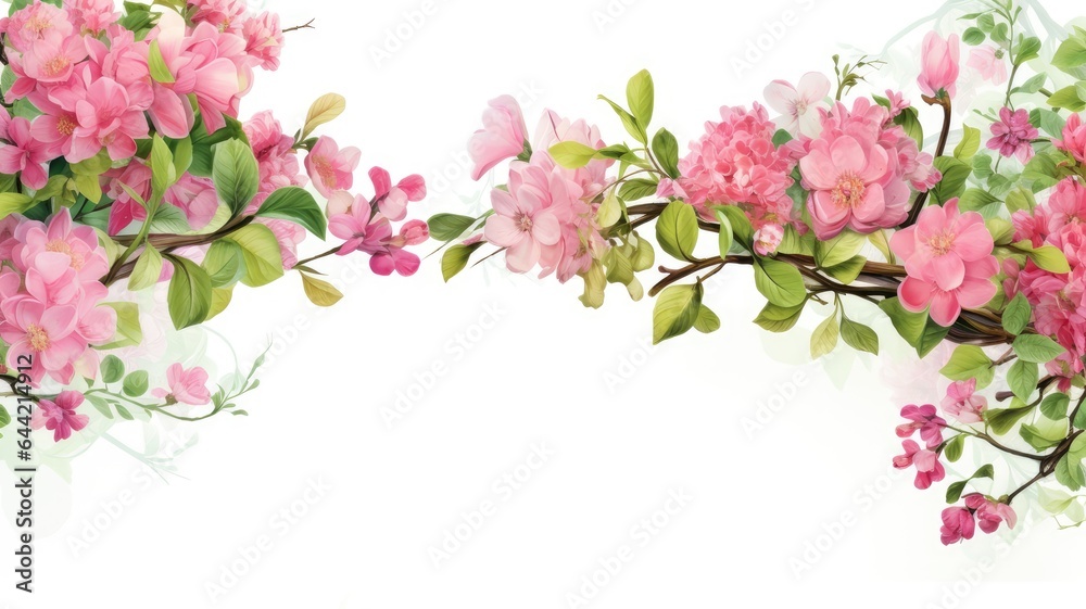 a banner framed by delicate pink flowers and lush green leaves against a soft light background. The composition exudes the freshness and vibrancy of the season, leaving ample space for copyspace. a banner framed by delicate pink flowers and lush green leaves against a soft light background. The composition exudes the freshness and vibrancy of the season, leaving ample space for copyspace.