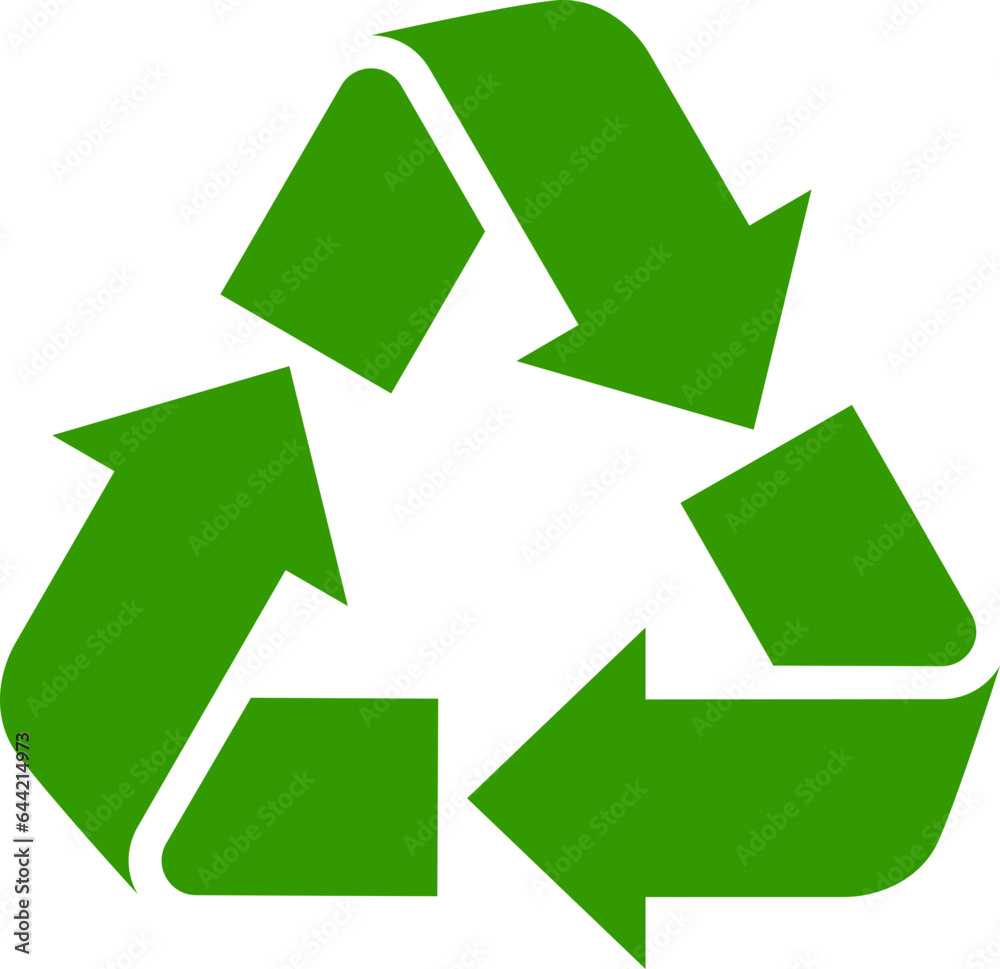 Waste recycling and environmental protection sign. Green triangle of three arrows on white background. Vector icon set. Waste recycling and environmental protection sign. Green triangle of three arrows on white background. Vector icon set.