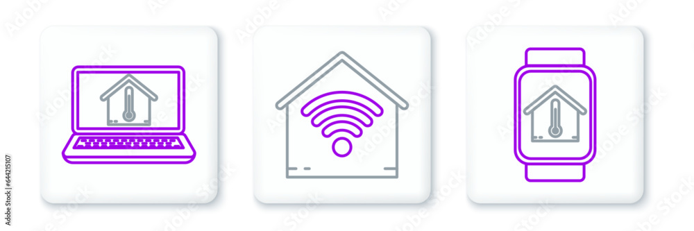 Set line Smart watch with house temperature, Laptop and home wi-fi icon. Vector Set line Smart watch with house temperature, Laptop and home wi-fi icon. Vector