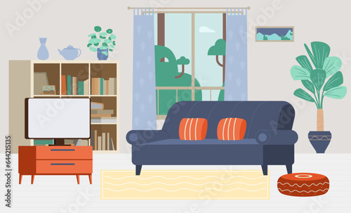 Living room interior with no people flat vector illustration. Cozy interior with bookcases, couch, TV.