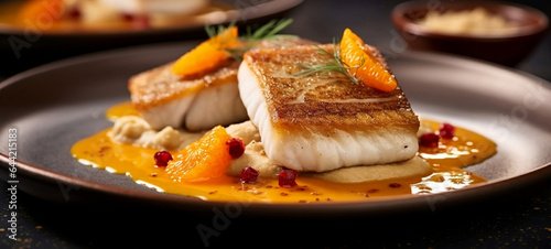 Sea bass with almond crust and orange sauce.  © André